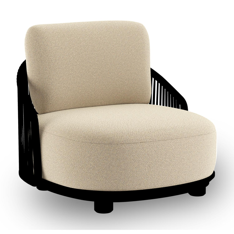Vadelo loungestoel in zwart aluminium en zwart verticaal geweven ronde rope met soul papyrus all weather solica kussen