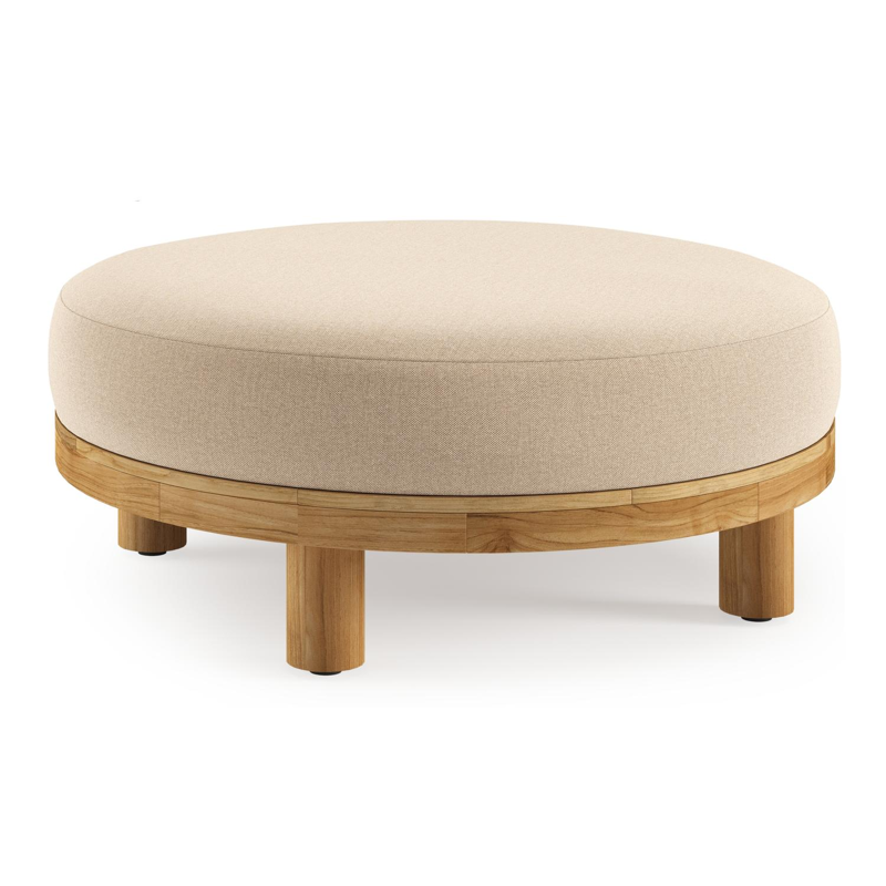 Salon de jardin pouf Donato en teck et corde ronde tissée verticalement beige et coussins en all weather sunbrella® luxe Natte Heather Beige
