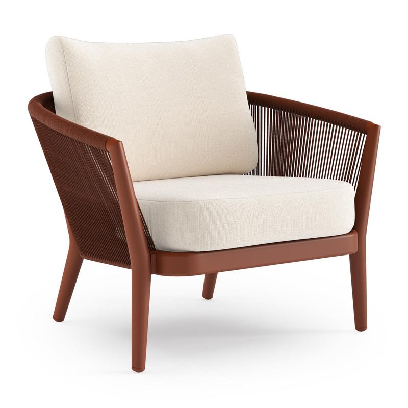 Orso loungestoel in roestbruin aluminium en roestbruin verticaal geweven ronde rope met Lopi Snow all weather sunbrella® luxe kussen