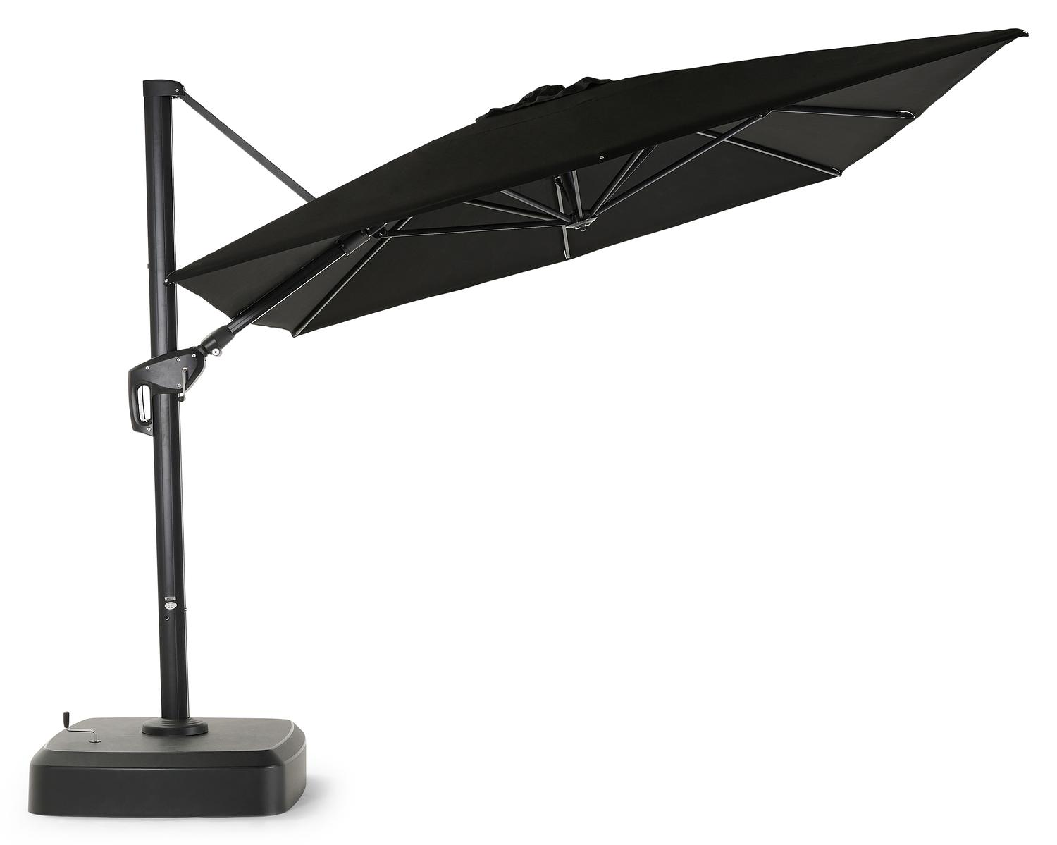 Minore zweefparasol met tiltfunctie in zwart aluminium met grijs sunbrella® premium parasoldoek - L1 300 x L2 400 cm (met voet)