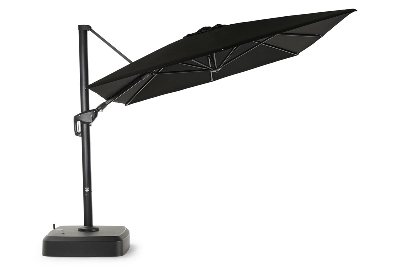 Parasol pendant Minore avec fonction tilt en aluminium noir avec toile de parasol en all weather sunbrella® premium gris - Larg1 300 x Larg2 400 cm (avec pied de parasol)