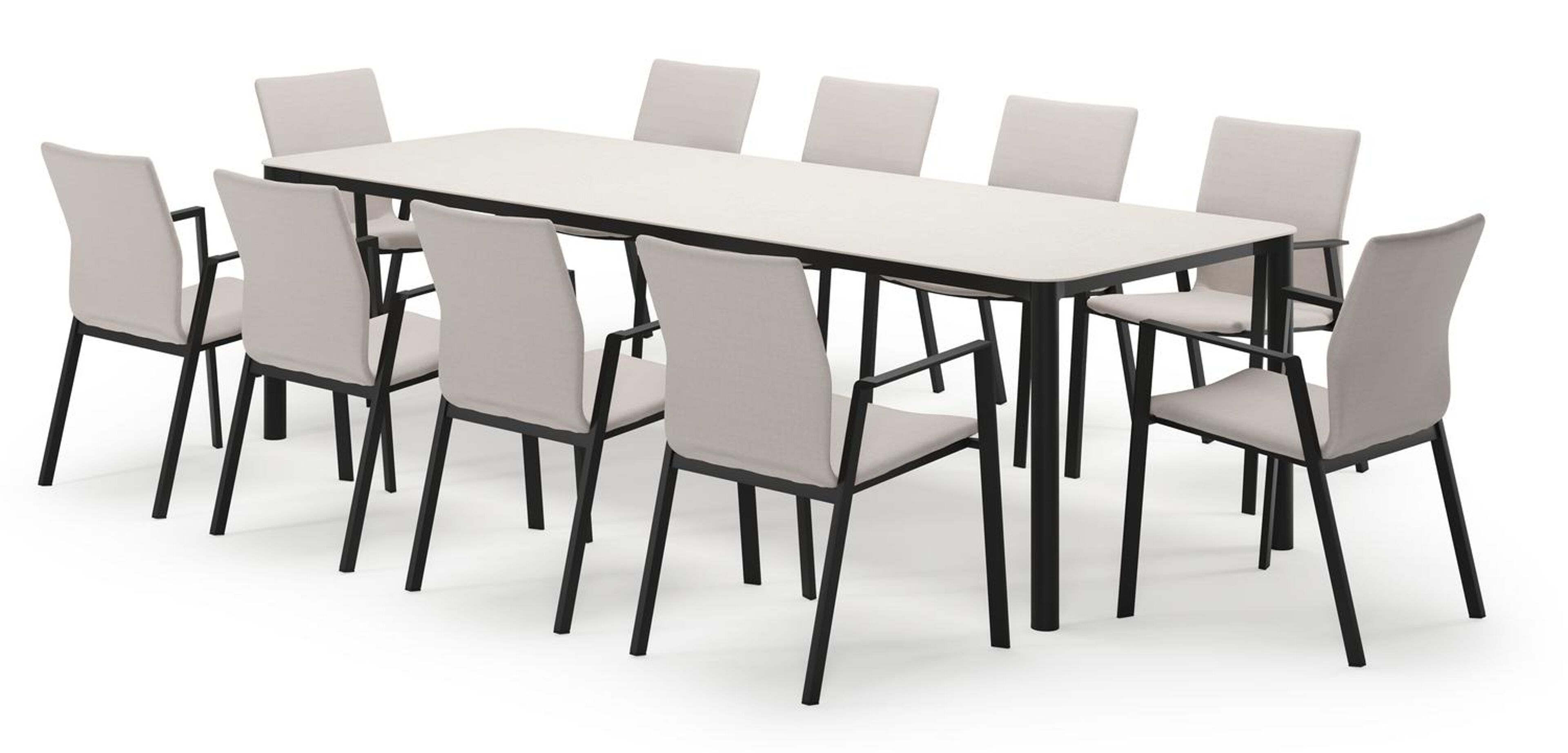 Mira ensemble de jardin rectangulaire arrondi en aluminium noir en sintered stone crema minerale avec 10 chaises de jardin Madura