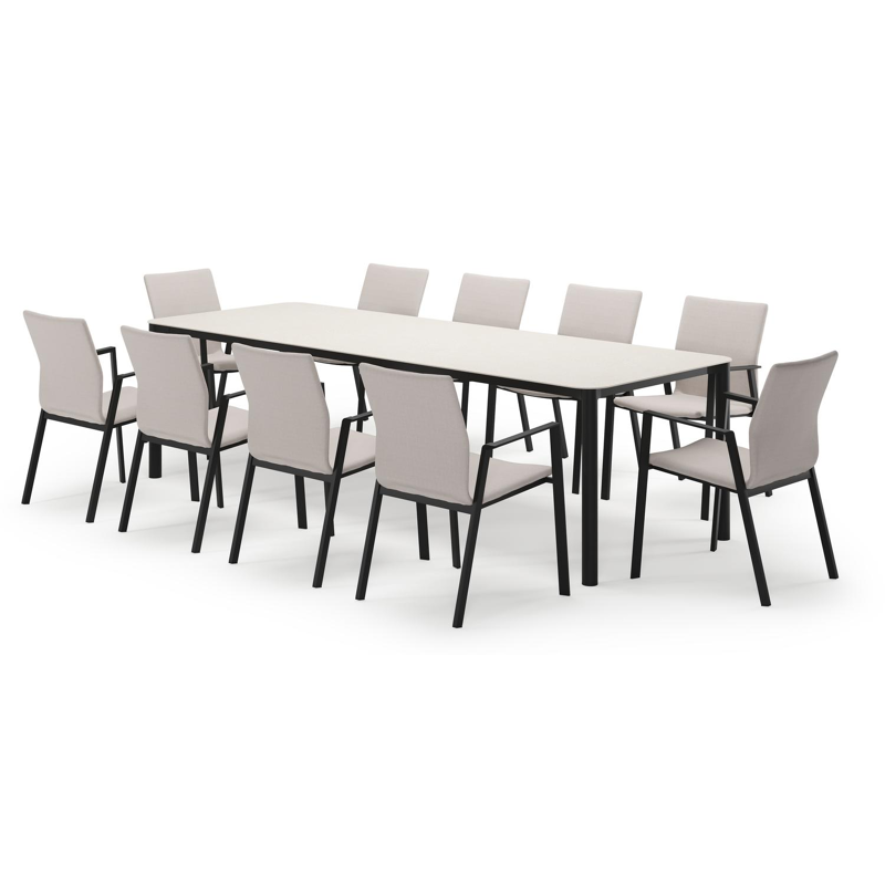 Mira ensemble de jardin rectangulaire arrondi en aluminium noir en sintered stone crema minerale avec 10 chaises de jardin Madura