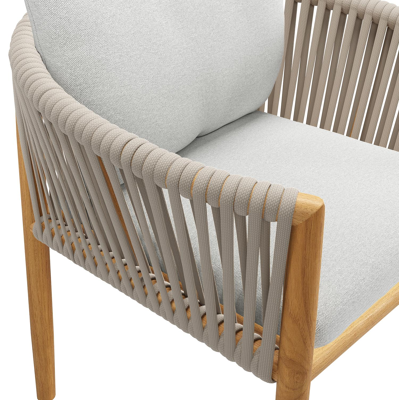 Organo tuinstoel in teak en beige verticaal geweven luxe vlakke rope met zitkussen in All Weather Sunbrella® Luxe Natte Grey Chine