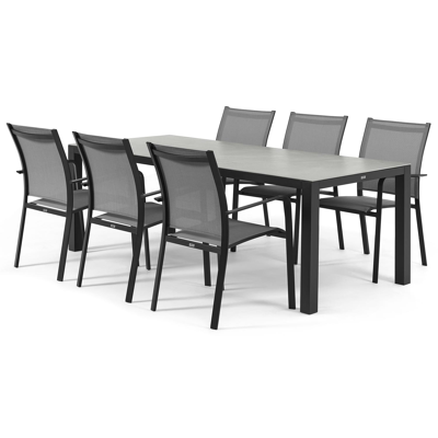 Varese tuinset in zwart aluminium en grijs volkeramiek tafelblad met 6 stapelbare Calobra tuinstoelen