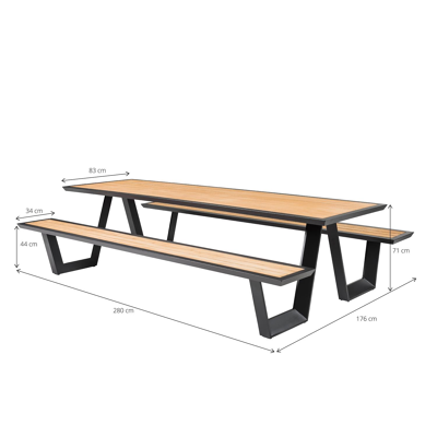 Table de pique-nique Sevilla en aluminium noir et teck - Lg 280 x Larg 175,5 x H 71 cm