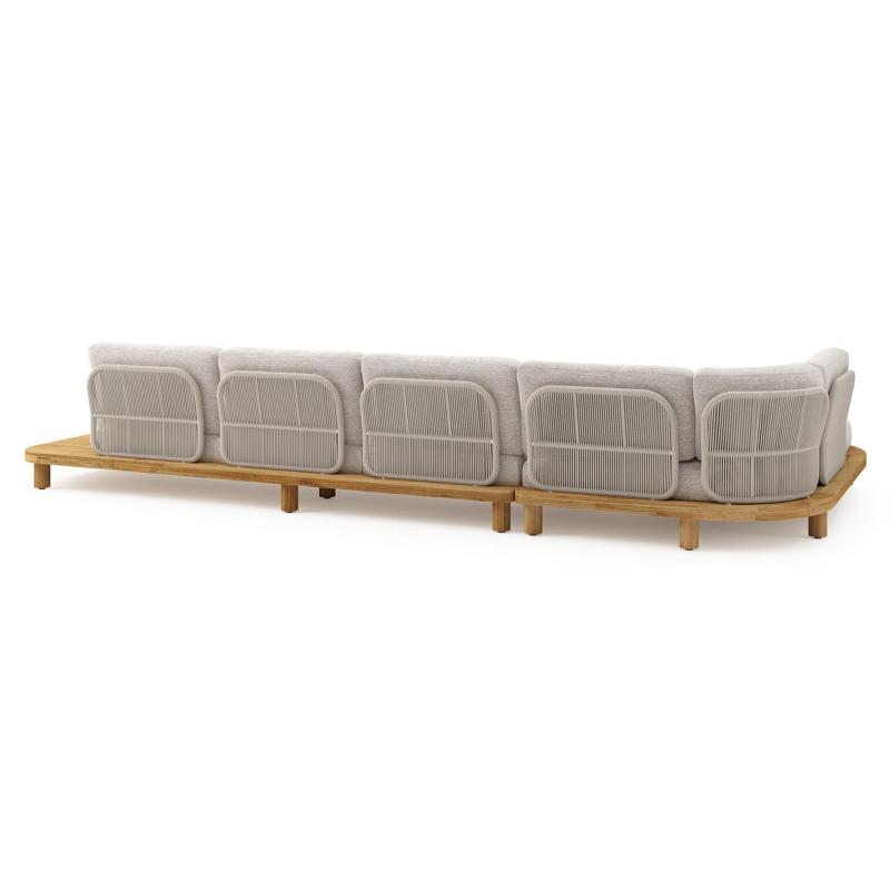 Donato loungehoek in teak en beige verticaal geweven ronde rope met all weather sunbrella® luxe Tundra Sand kussen