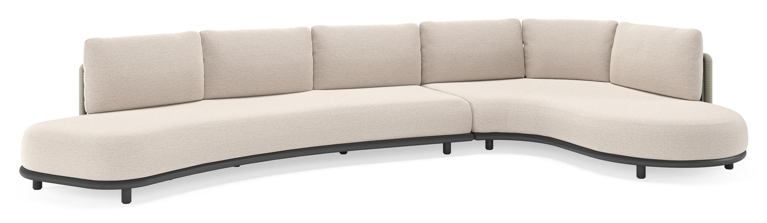 Lomano loungehoek in zwart aluminium en beige verticaal geweven luxe vlakke rope met Slow Farafra all weather sunbrella® luxe