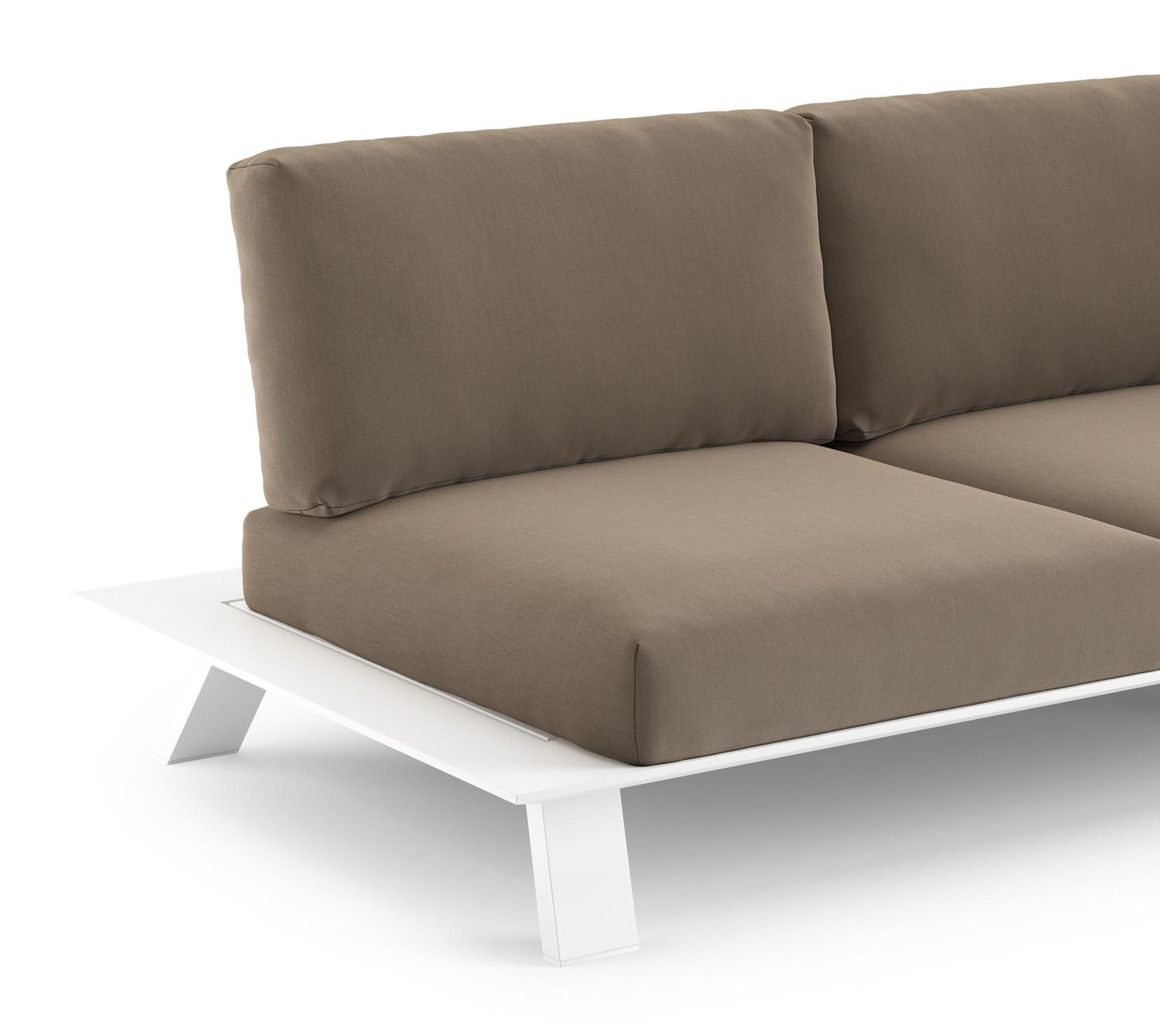 Salon de jardin d'angle Cesano en aluminium blanc et coussin en all weather Sunbrella® luxe natte heather grey