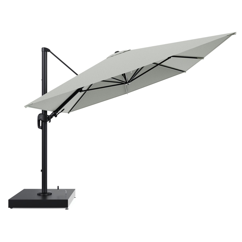 Rufina zweefparasol met tiltfunctie in zwart aluminium en Slow Spirea All Weather Sunbrella® Luxe parasoldoek - L1 400 x L2 300 cm met parasolvoet Minore 260 kg met wielen
