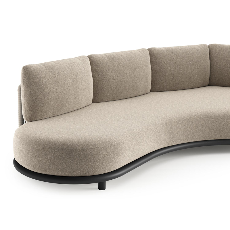 Lomano loungebank in zwart aluminium en beige verticaal geweven luxe vlakke rope met chartres pewter all weather sunbrella® luxe kussen