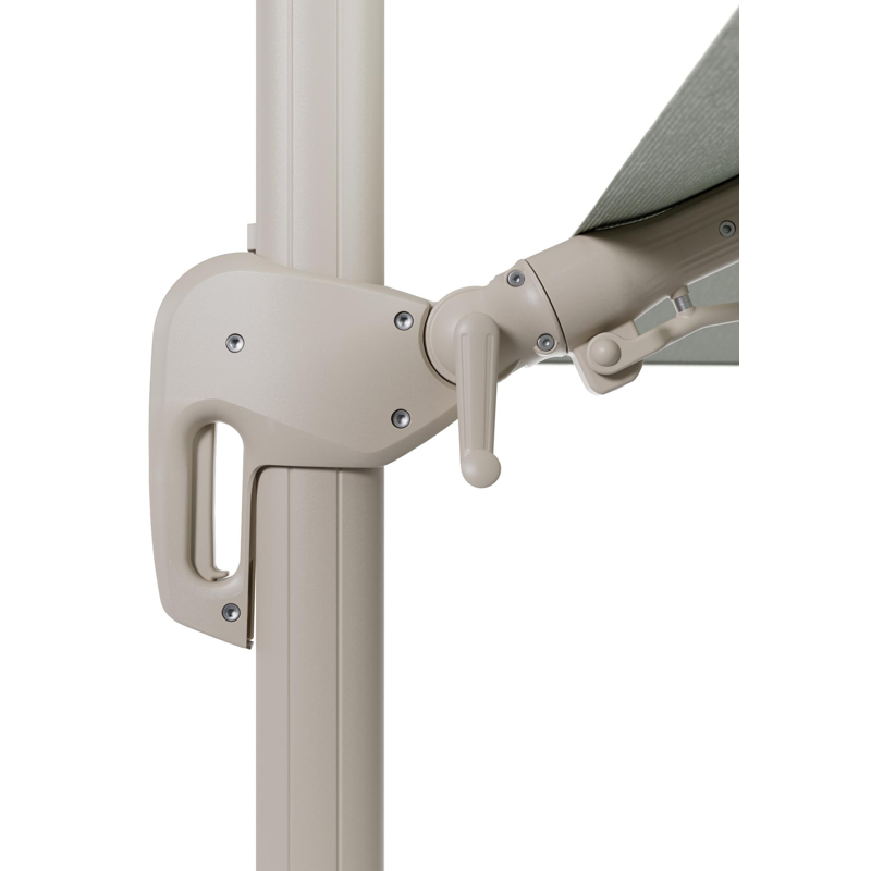 Rufina zweefparasol met tiltfunctie in beige aluminium en Slow Spirea All Weather Sunbrella® Luxe parasoldoek - L1 400 x L2 300 cm met parasolvoet Minore 150 kg met wielen
