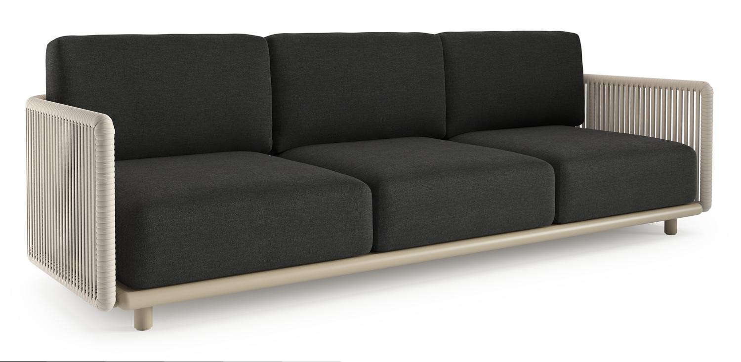 Organo loungebank 3-zit in beige aluminium en beige verticaal geweven luxe vlakke rope met chartres sooty all weather sunbrella® luxe kussen