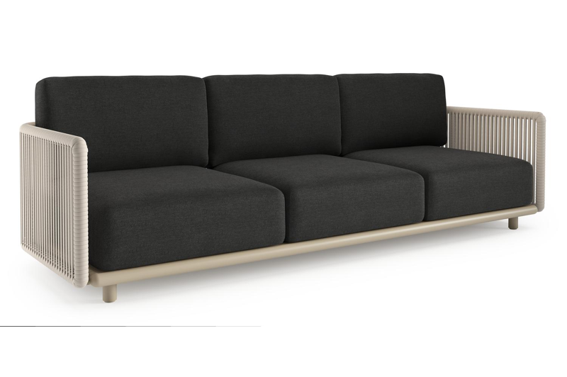 Organo loungebank 3-zit in beige aluminium en beige verticaal geweven luxe vlakke rope met chartres sooty all weather sunbrella® luxe kussen