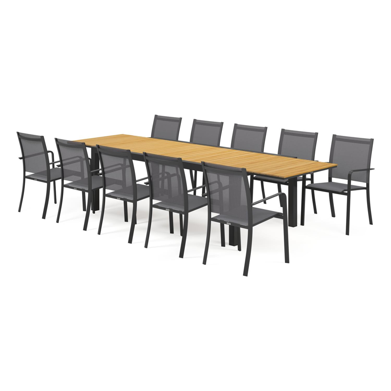 Ensemble de jardin Calobra avec table extensible en aluminium noir avec plateau de table en teck naturel et 10 chaises de jardin empilables Calobra