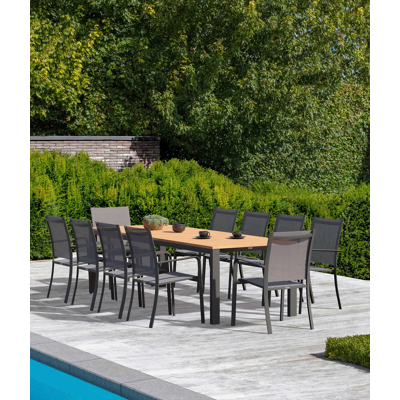 Trente tuinset in zwart aluminium en naturel teak tafelblad met 10 stapelbare Calobra tuinstoelen