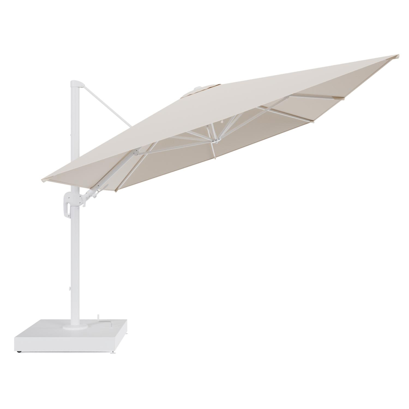 Rufina zweefparasol met tiltfunctie in wit aluminium en Heritage Papyrus All Weather Sunbrella® Luxe parasoldoek - L1 400 x L2 300 cm met parasolvoet Minore 260 kg met wielen