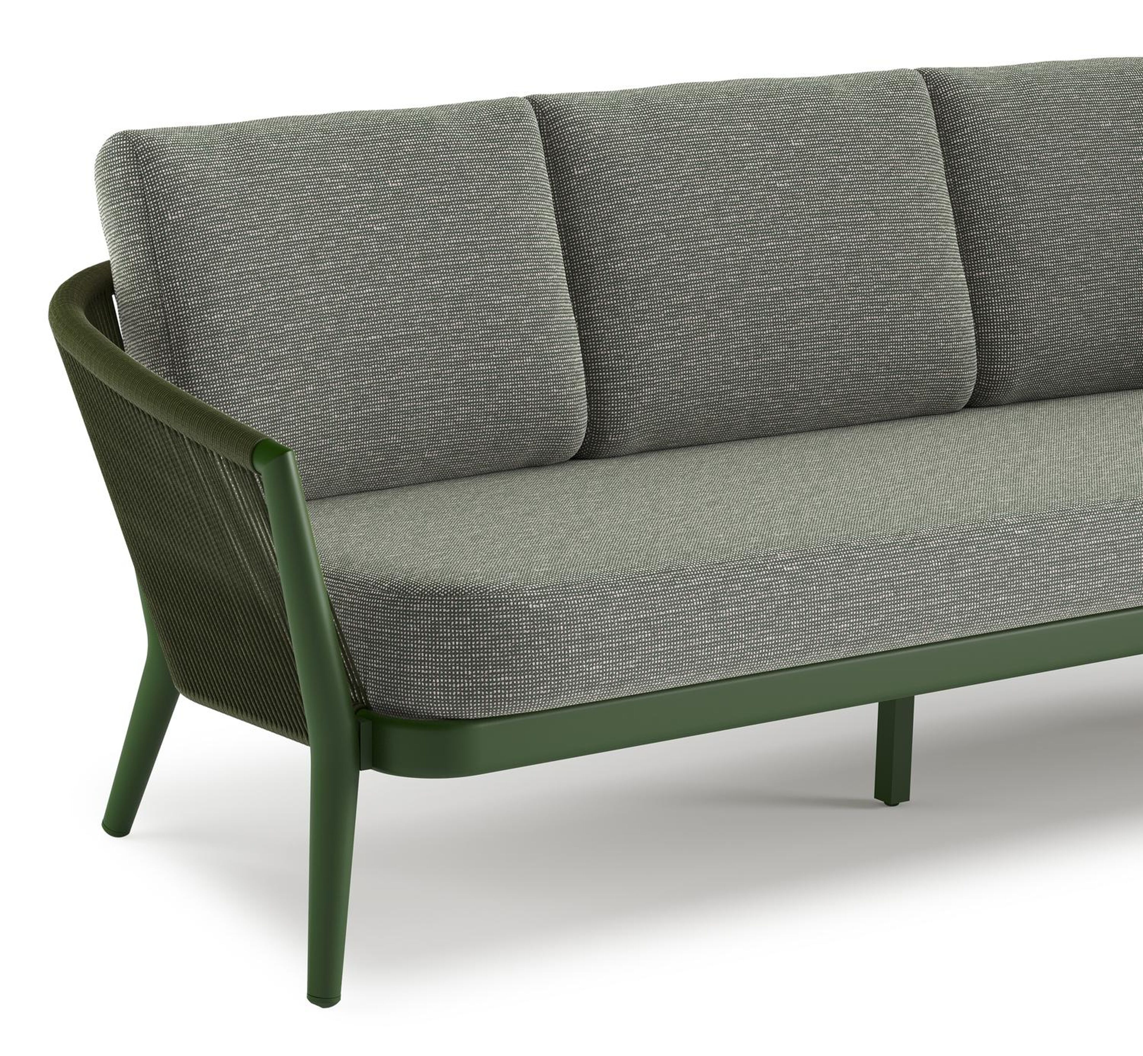 Orso loungeset in groen aluminium en groen verticaal geweven ronde rope met Slow Fern all weather sunbrella® luxe kussen