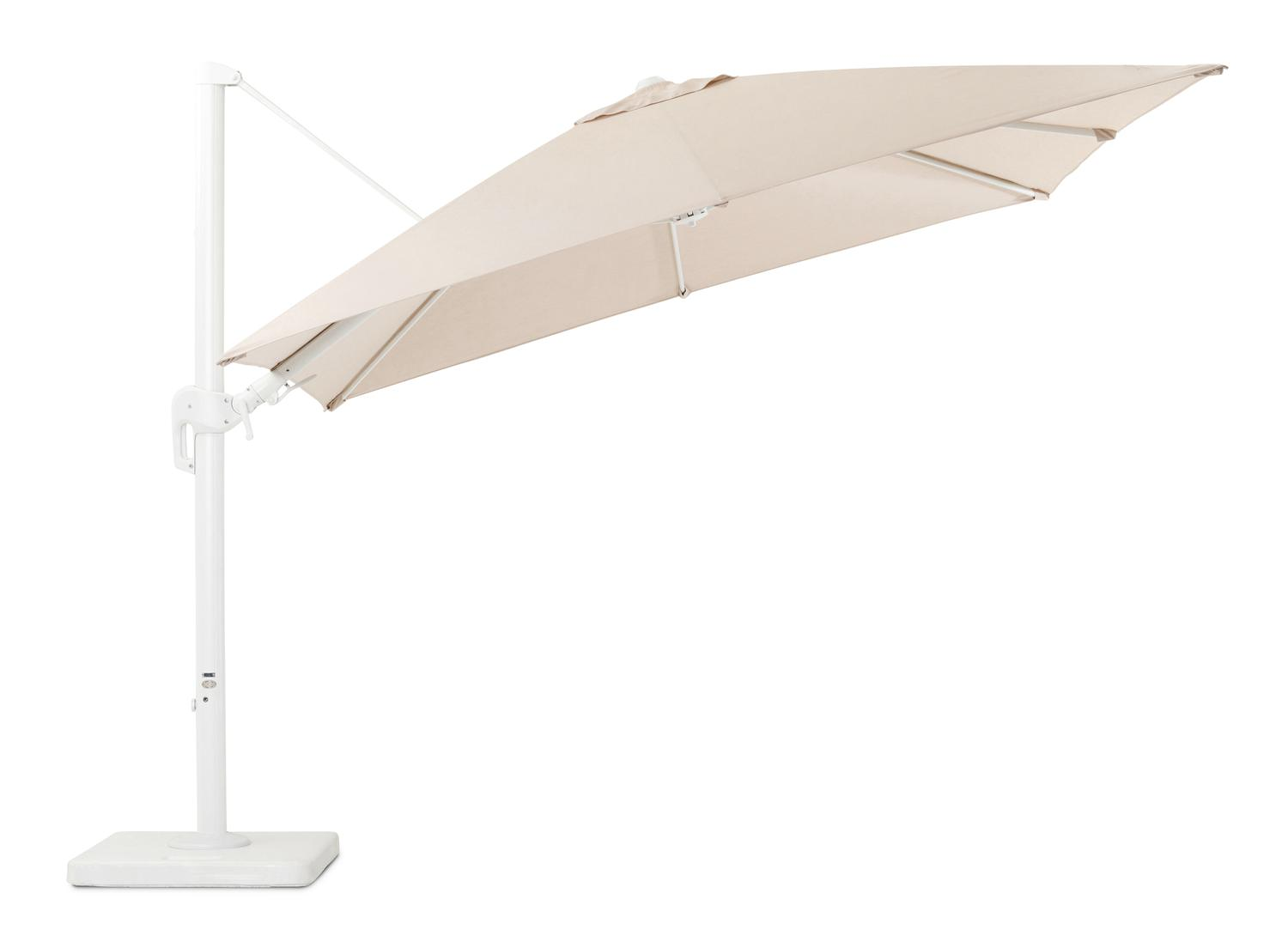 Rufina zweefparasol met tiltfunctie in wit aluminium met beige all weather sunbrella® premium parasoldoek - L1: 300 x L2: 300 cm (met voet)