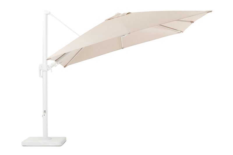 Rufina zweefparasol met tiltfunctie in wit aluminium met beige all weather sunbrella® premium parasoldoek - L1: 300 x L2: 300 cm (met voet)