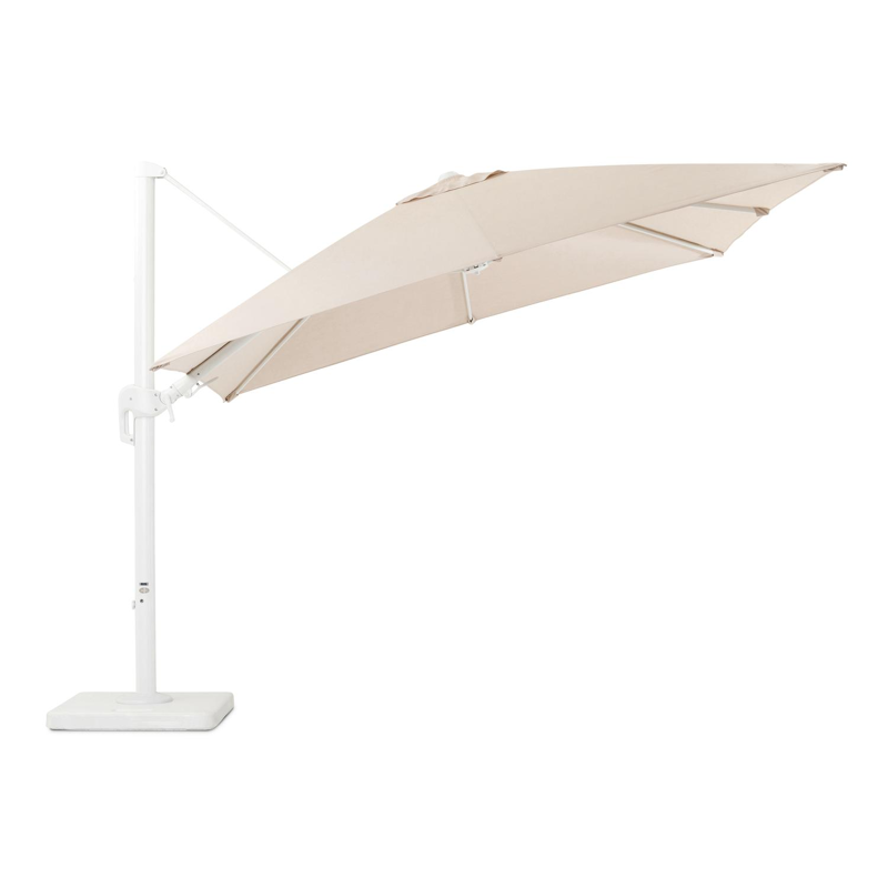 Rufina zweefparasol met tiltfunctie in wit aluminium met beige all weather sunbrella® premium parasoldoek - L1: 300 x L2: 300 cm (met voet)