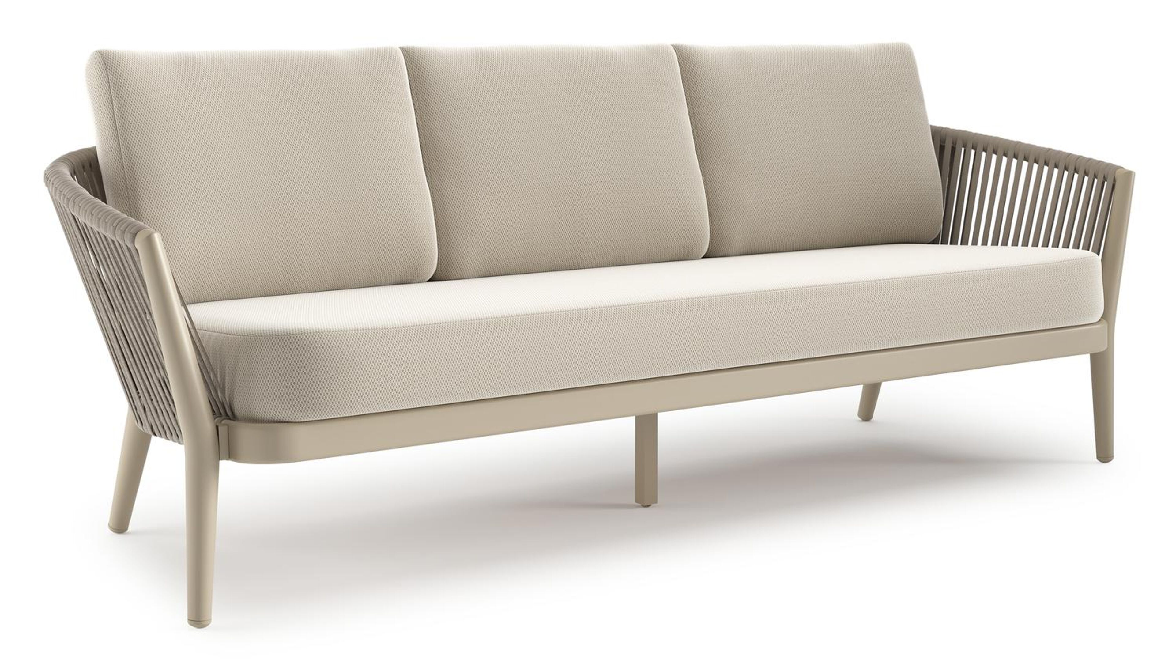 Canapé de jardin Orso en aluminium beige en corde luxe plate tissée verticalement beige et coussins en all weather sunbrella® luxe Lopi Marble