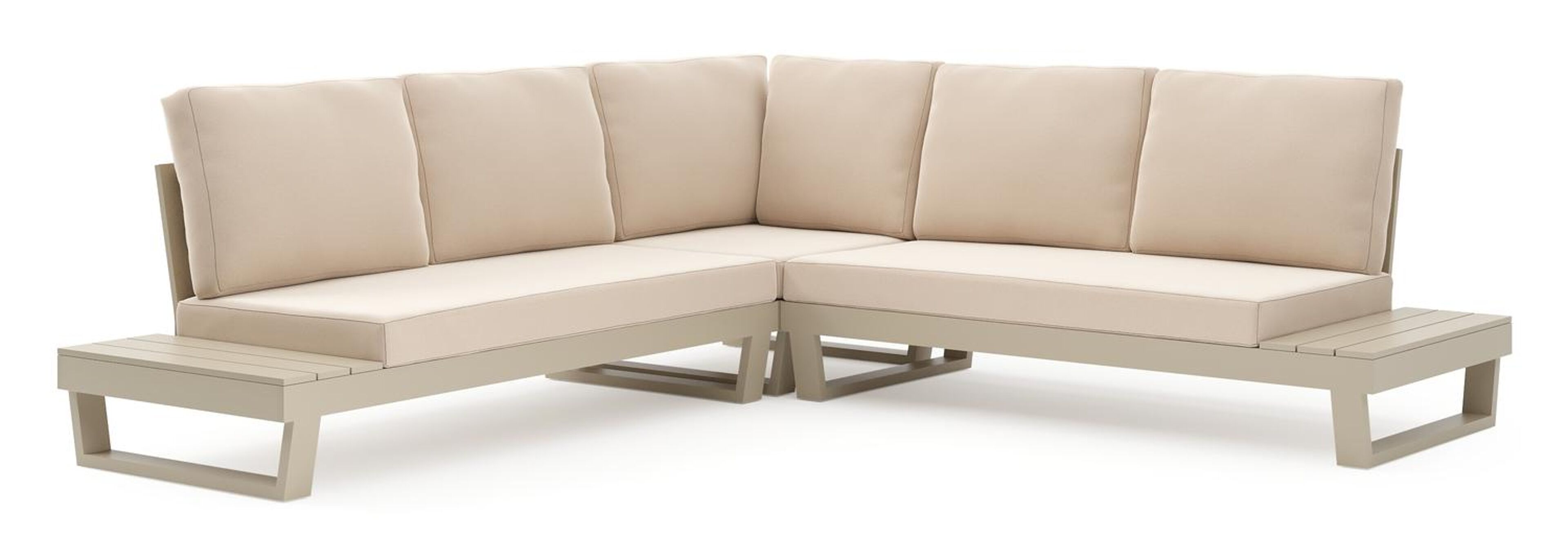 Salon de jardin d'angle Modica en aluminium beige et coussins en all weather sunbrella® premium natte linen chalk