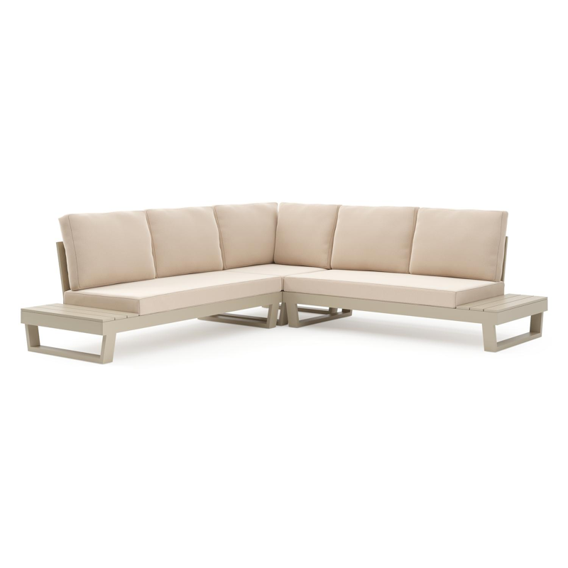 Salon de jardin d'angle Modica en aluminium beige et coussins en all weather sunbrella® premium natte linen chalk