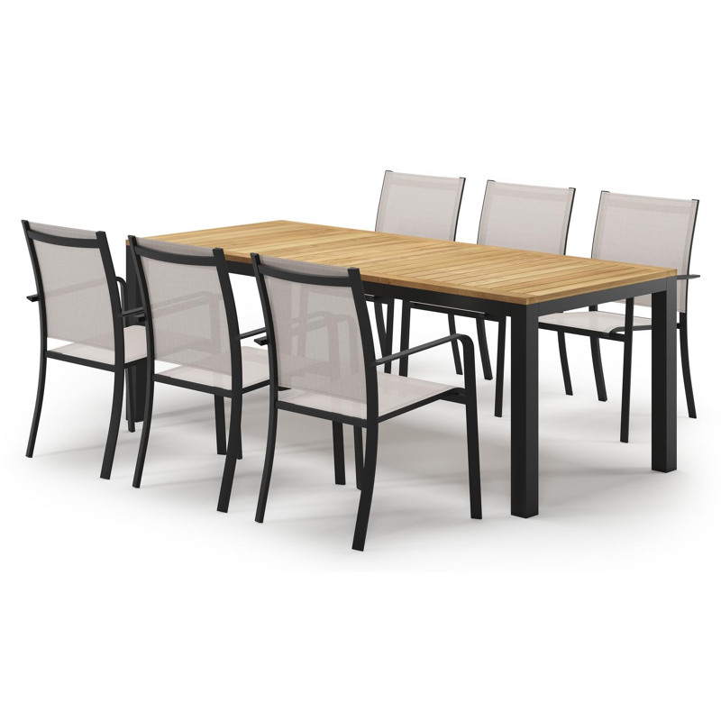 Ensemble de jardin Varese en aluminium noir et teck avec 6 chaises de jardin Calobra