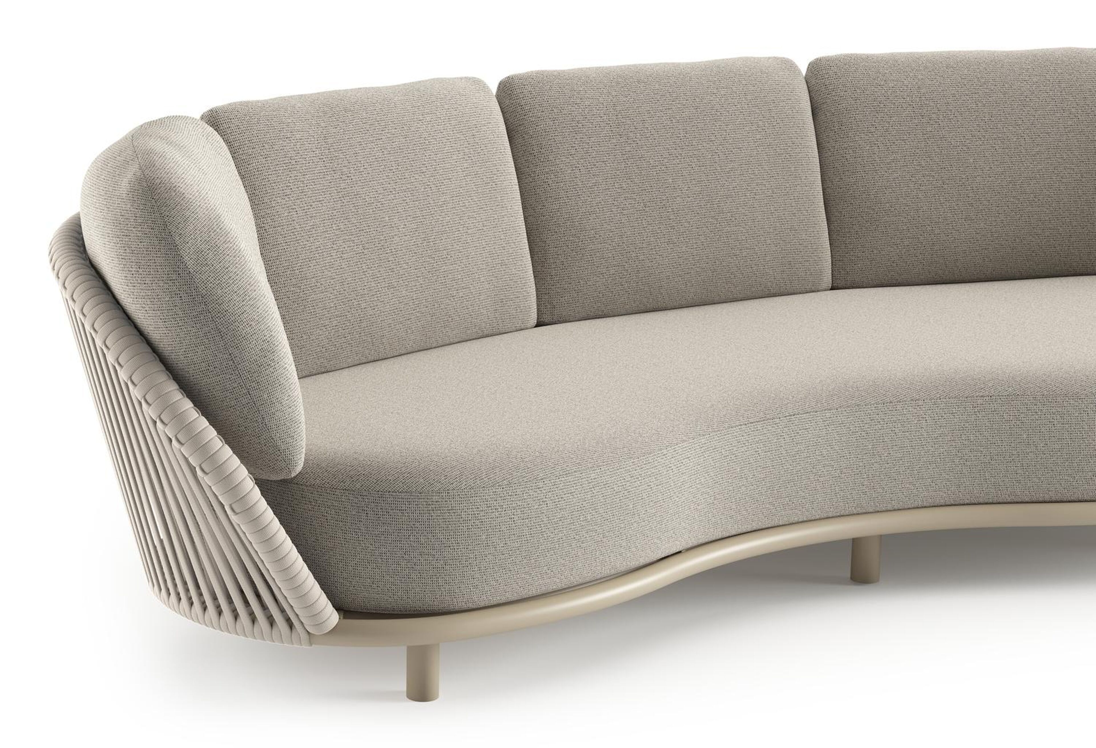 Lupino loungebank in beige aluminium en beige verticaal geweven luxe vlakke brede rope met firenze sand all weather solica kussen