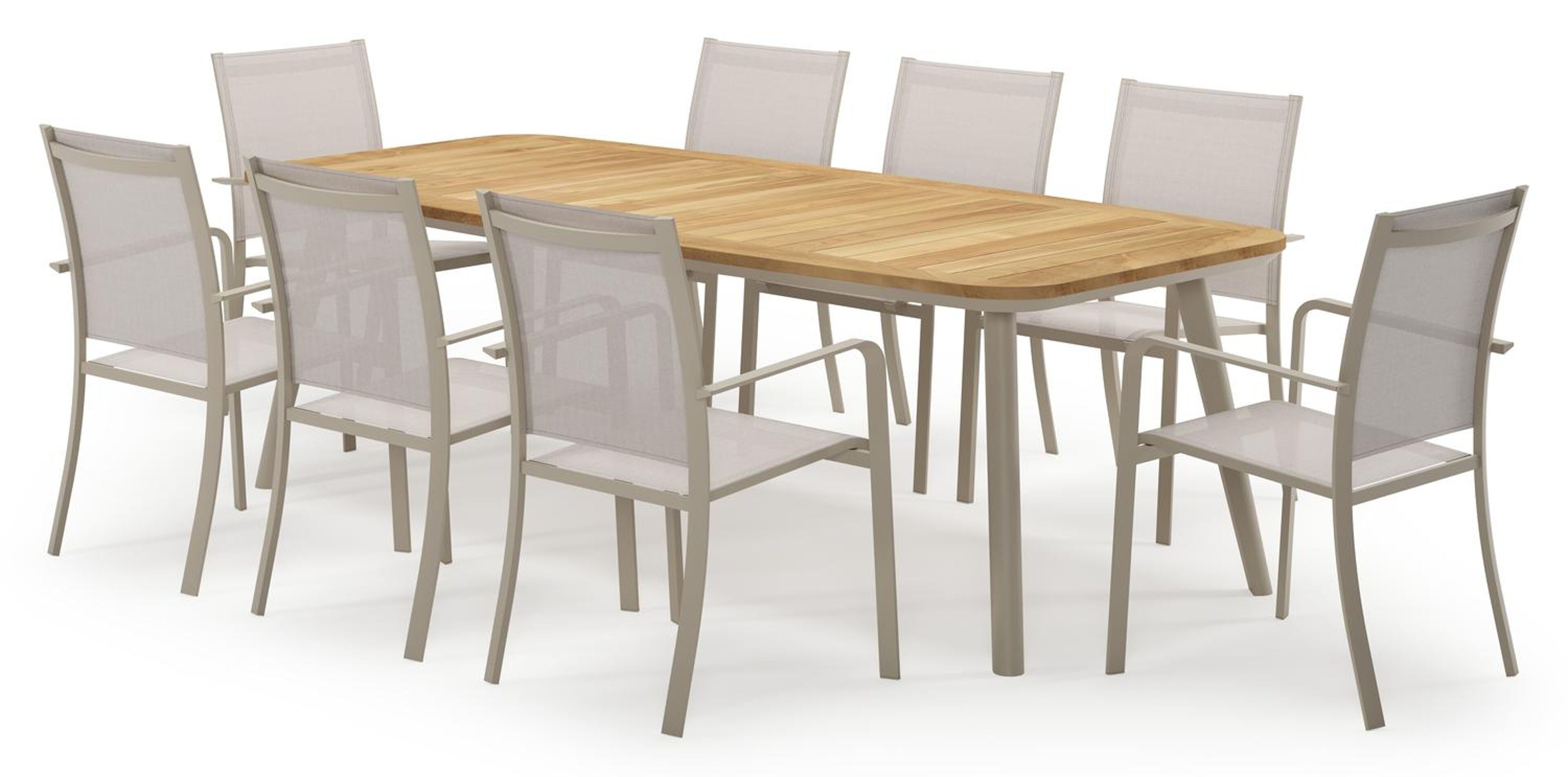Mosa bootvormige tuinset in beige aluminium en teak natural finish met 8 Calobra tuinstoelen