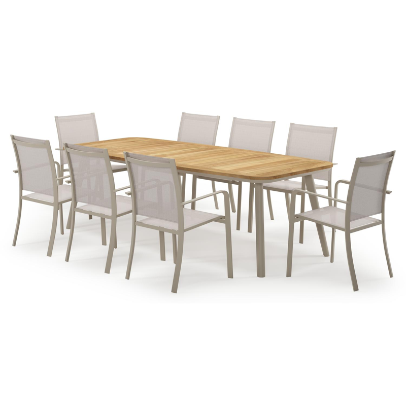 Mosa bootvormige tuinset in beige aluminium en teak natural finish met 8 Calobra tuinstoelen