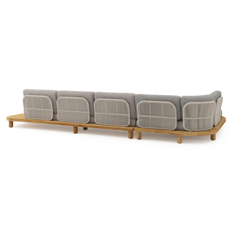 Salon de jardin d'angle Donato en teck et corde ronde tissée verticalement beige et coussins en all weather sunbrella® luxe Tundra Charcoal