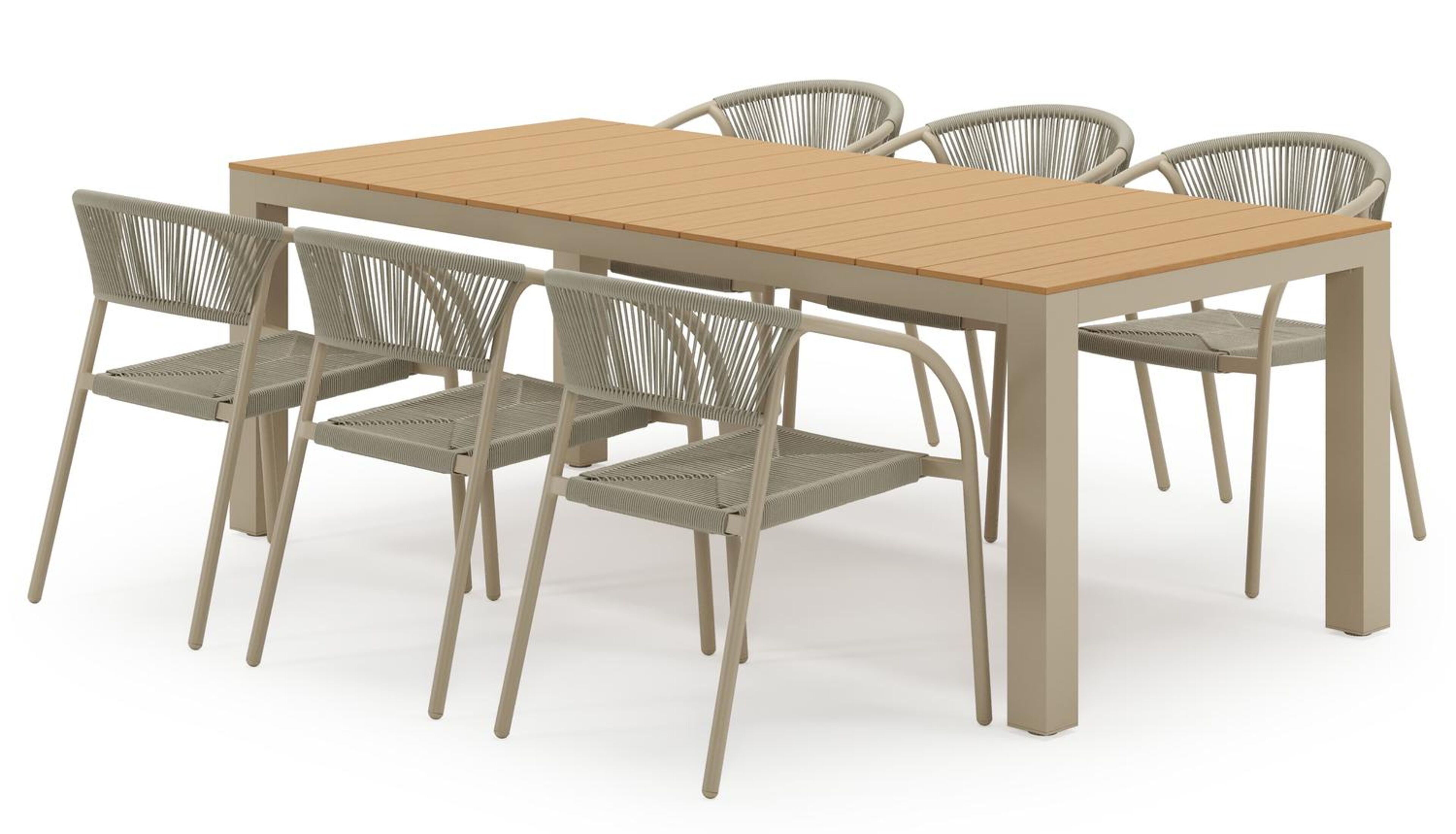 Ensemble de jardin Calzo en aluminium beige et polywood avec 6 chaises de jardin empilable Melo