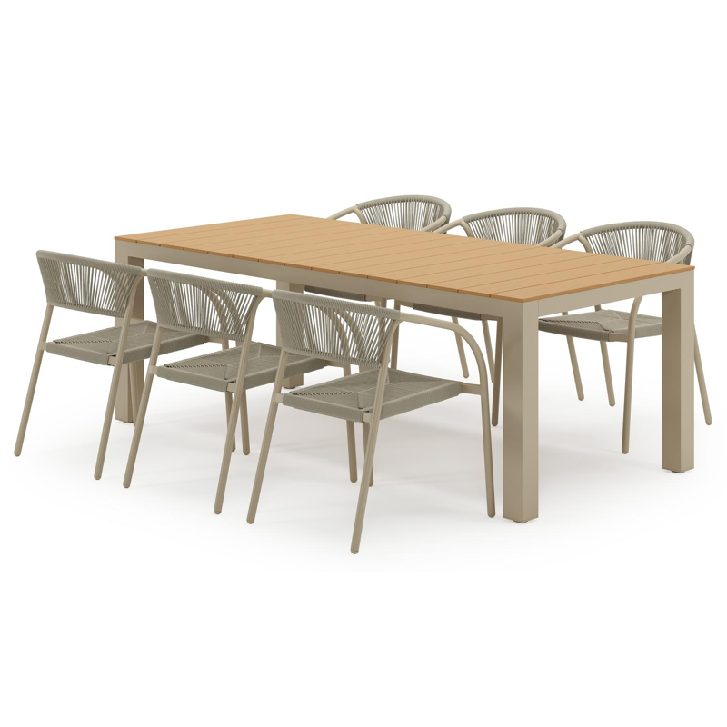 Ensemble de jardin Calzo en aluminium beige et polywood avec 6 chaises de jardin empilable Melo