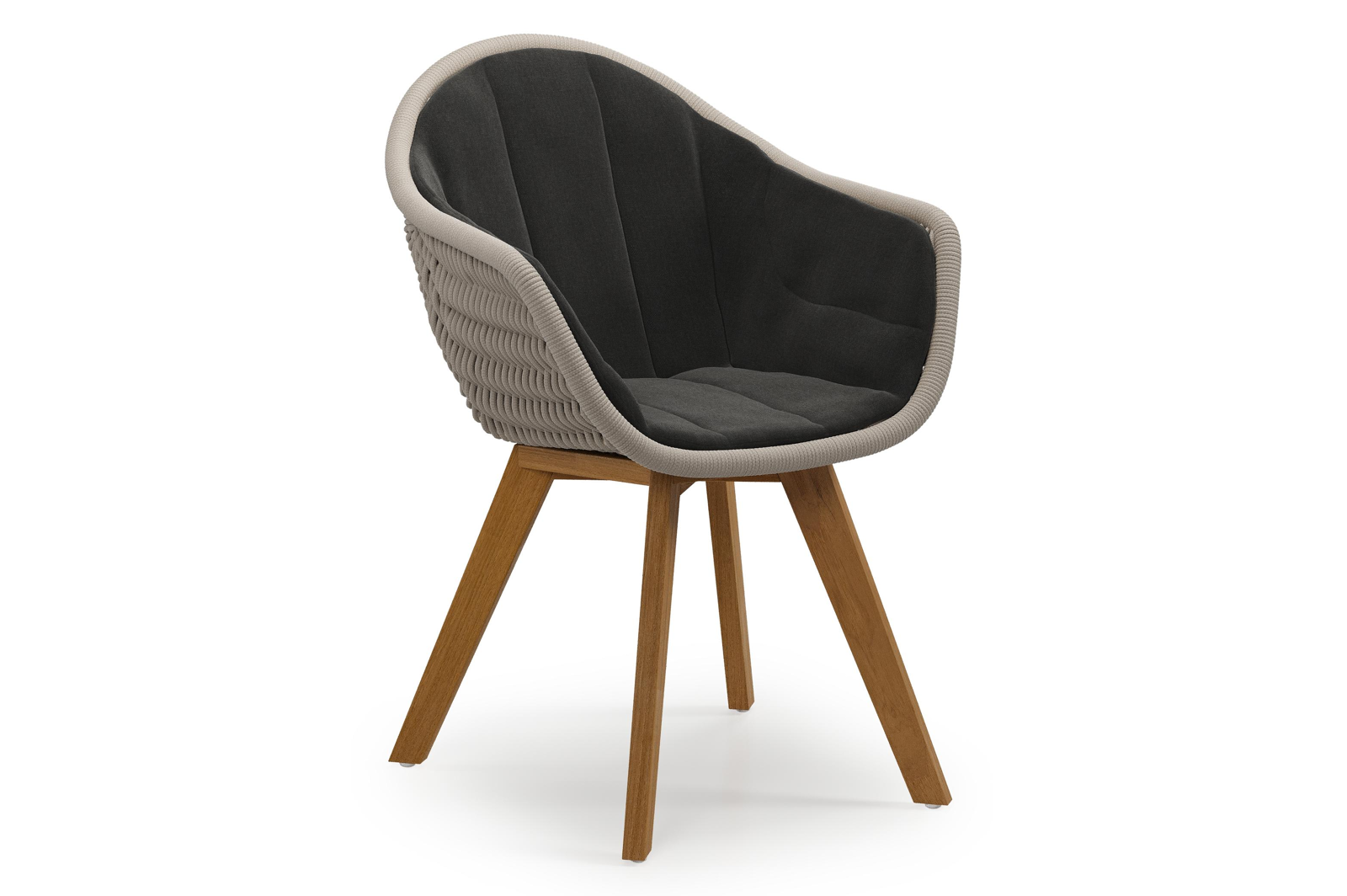 Chaise de jardin Pagino en teck naturel et corde ronde tissée verticalement beige avec coussin en All Weather Sunbrella® Luxe Natte Sooty