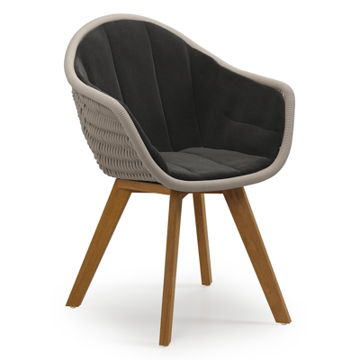 Pagino tuinstoel in teak en beige verticaal geweven ronde rope met zitkussen in All Weather Sunbrella® Luxe Natte Sooty