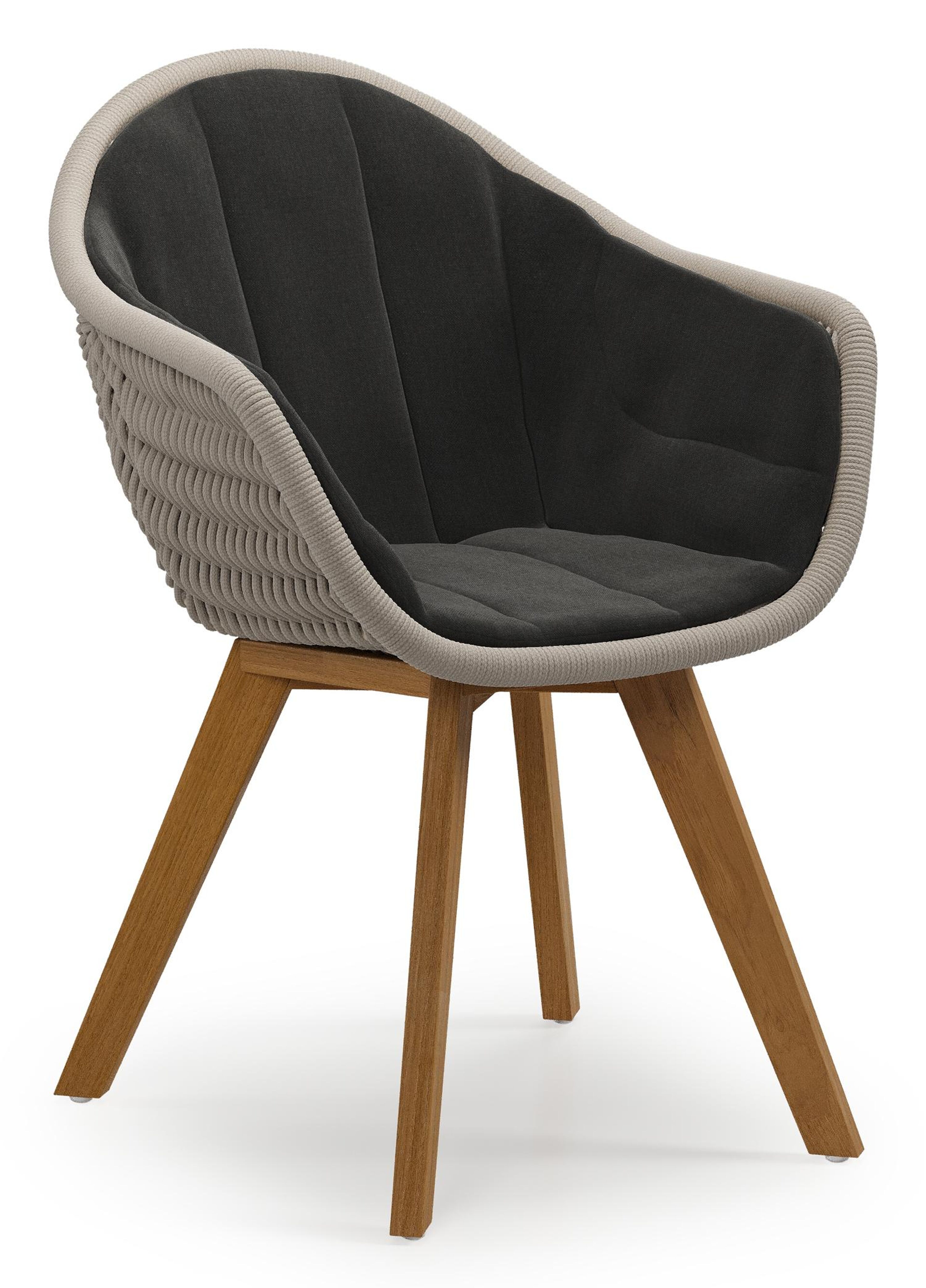 Pagino tuinstoel in teak en beige verticaal geweven ronde rope met zitkussen in All Weather Sunbrella® Luxe Natte Sooty