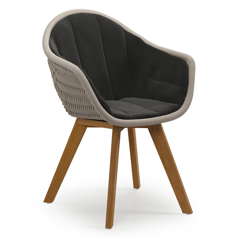 Chaise de jardin Pagino en teck naturel et corde ronde tissée verticalement beige avec coussin en All Weather Sunbrella® Luxe Natte Sooty