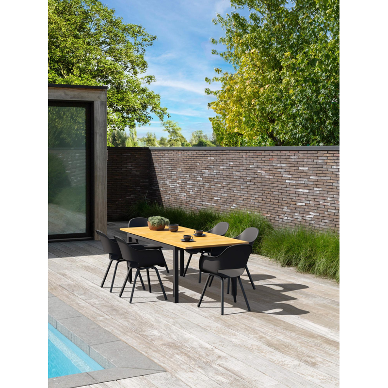 Amalfi tuinset met verlengbare tafel in zwart aluminium en teak tafelblad met 6 Artena tuinstoelen