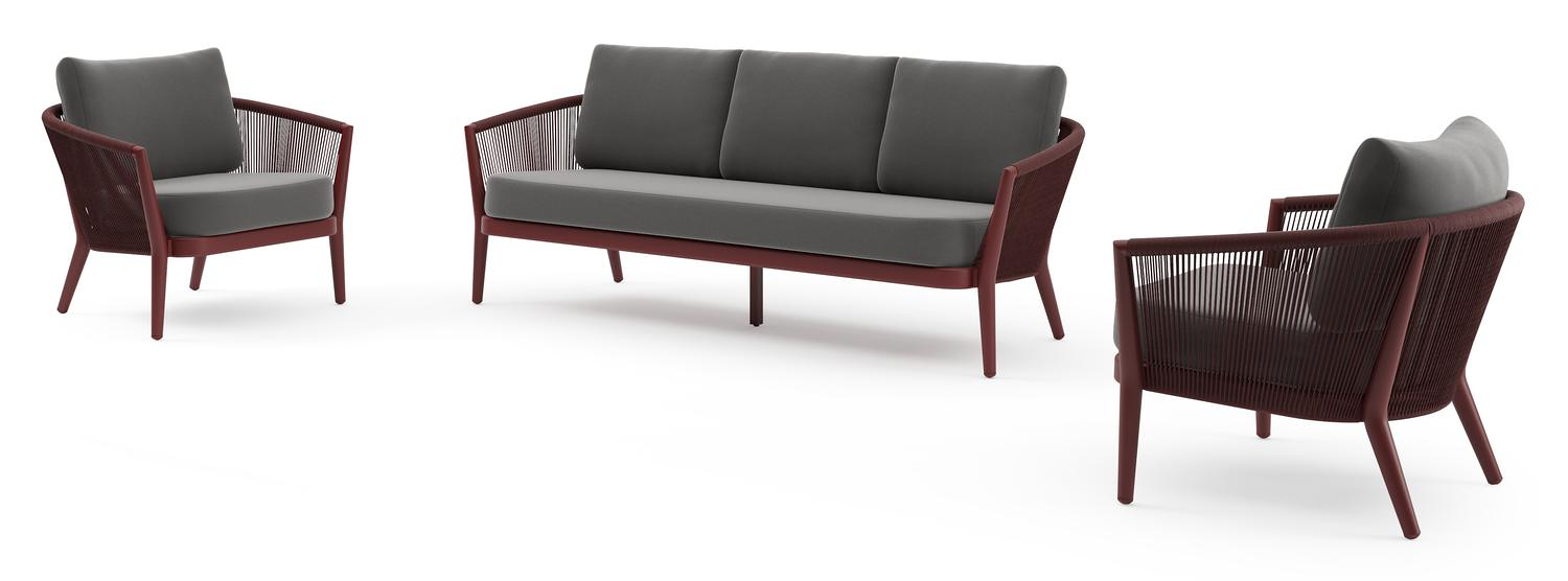 Orso loungeset in ruby aluminium en aluminium met natte charcoal chine All Weather Sunbrella® Luxe kussens en loungetafel
