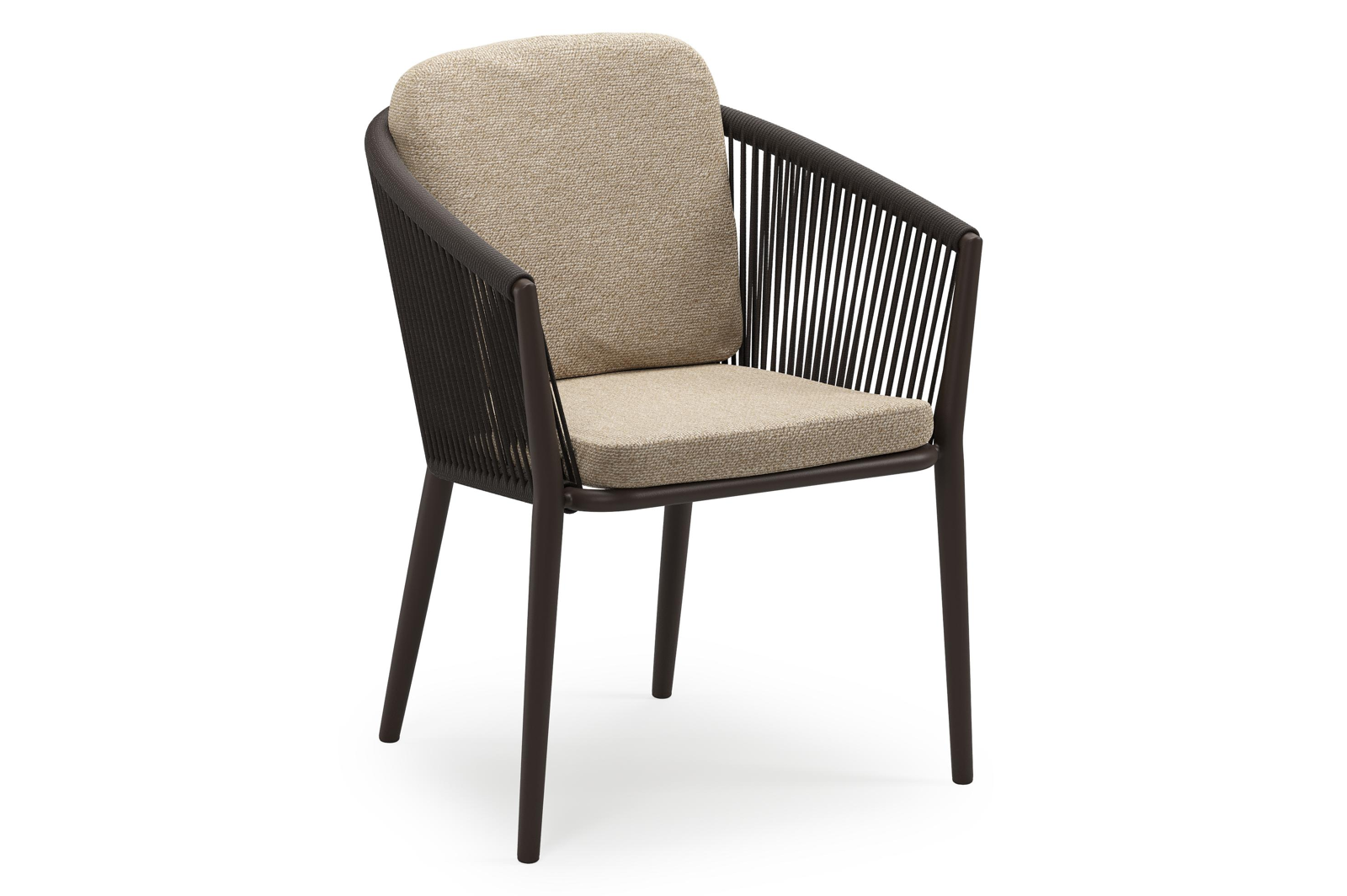 Orso stapelbare tuinstoel in donkerbruin aluminium en donkerbruin verticaal geweven ronde rope met stoelkussen in All Weather Cosytica Madagascar Oak