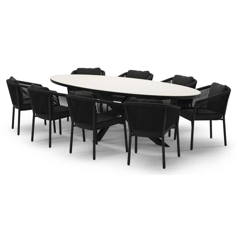 Ensemble de jardin Pamplona en aluminium noir et sintered stone crema minerale avec 8 chaises de jardin Gerona