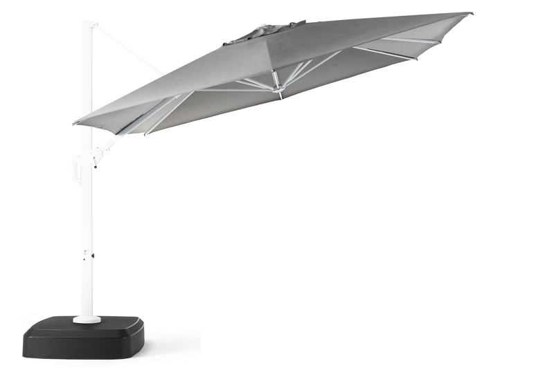 Minore zweefparasol met tiltfunctie in wit aluminium met natte charcoal chine all weather sunbrella® luxe parasoldoek - L1 x L2 350 cm (met voet)