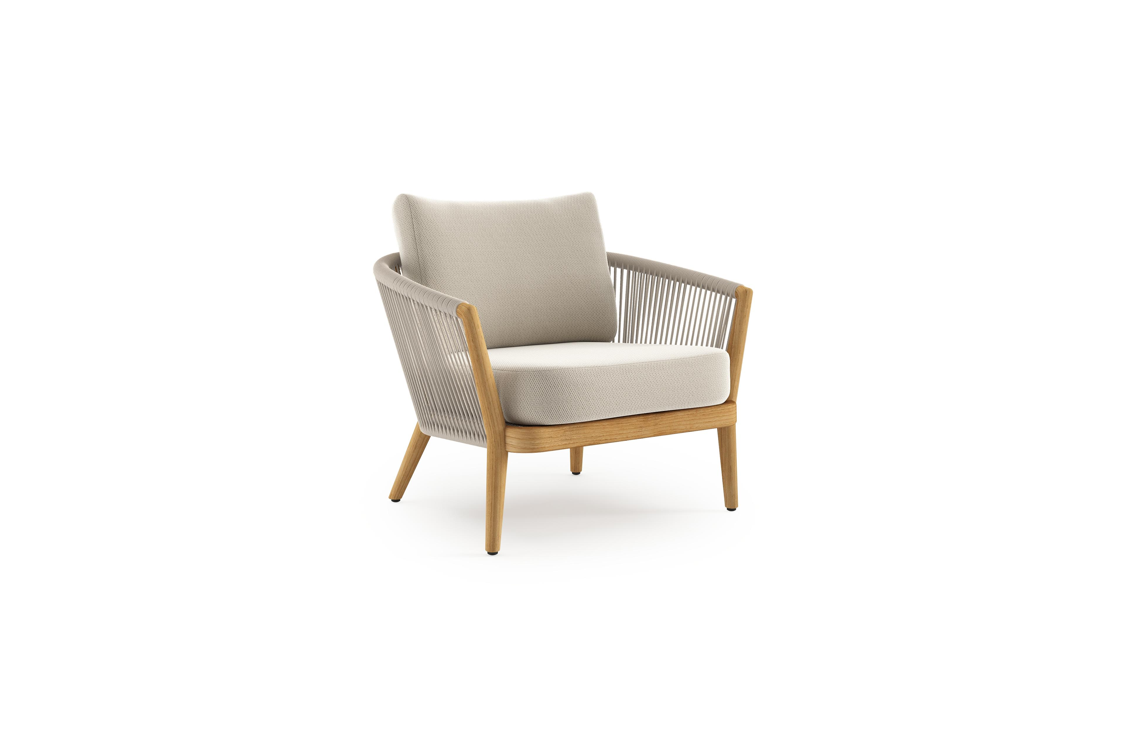 Fauteuil de jardin Orso 1-pl en teck et corde beige avec coussin en all weather sunbrella® luxe lopi marble
