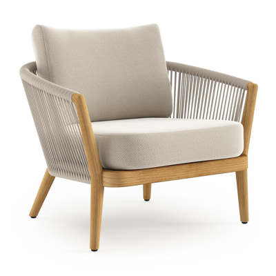Fauteuil de jardin Orso 1-pl en teck et corde beige avec coussin en all weather sunbrella® luxe lopi marble