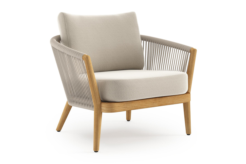 Fauteuil de jardin Orso 1-pl en teck et corde beige avec coussin en all weather sunbrella® luxe lopi marble