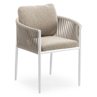 Chaise de jardin Organo en aluminium blanc et corde luxe plate tissée verticalement beige avec coussin en All Weather Sunbrella® Luxe Chartres Pewter