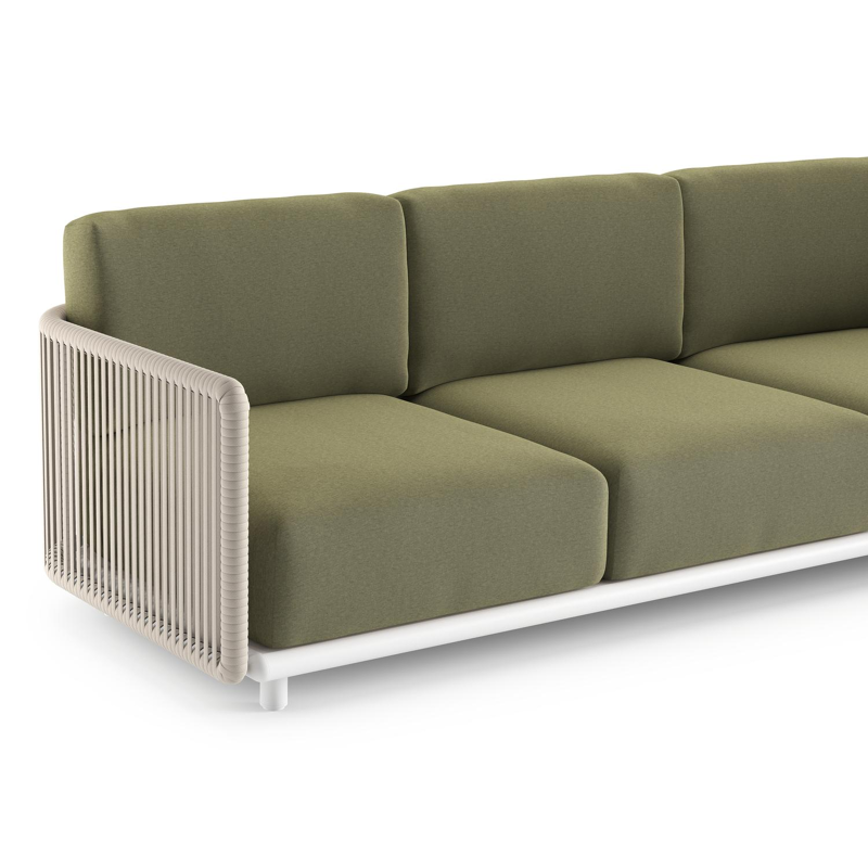 Organo loungehoek in wit aluminium en beige verticaal geweven luxe vlakke rope met heritage leaf all weather Sunbrella® luxe kussen