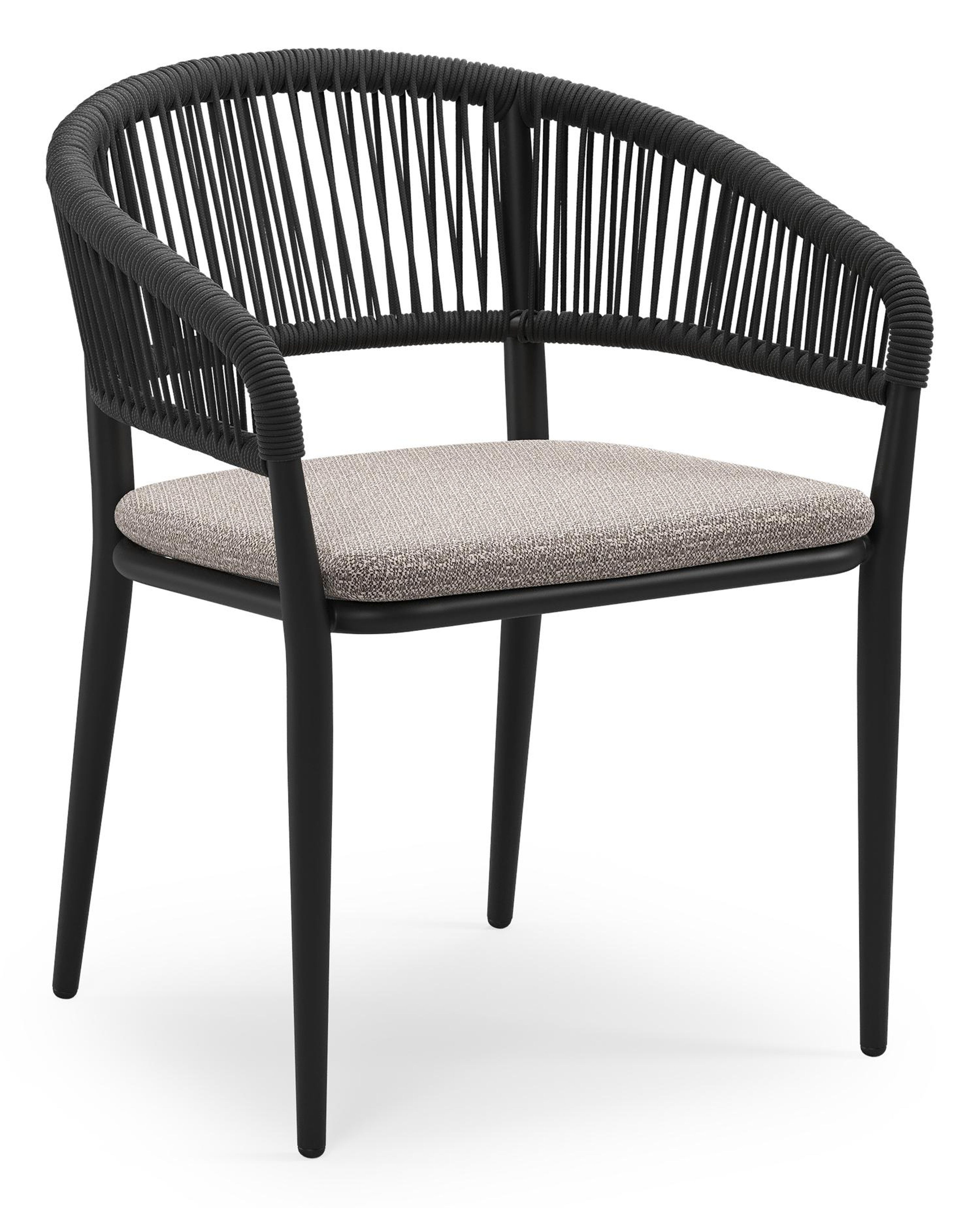 Tolfa stapelbare tuinstoel in zwart aluminium en zwart verticaal geweven ronde rope met stoelkussen in All Weather Sunbrella® Luxe Wander Granite